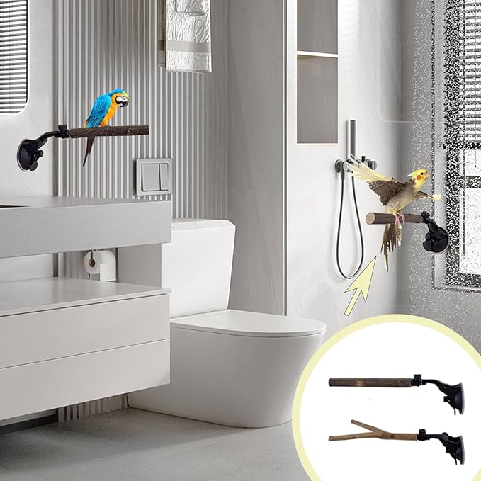 2 PCS Natural Wood Bird Perch with Suction Cup Parrot Shower and Window Perch Stand Bird Portable Suction Cup Shower Perch for Parrot Parakeet Cockatiel Conure Budgie Lovebirds