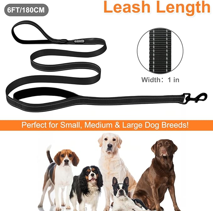 6 FT Heavy Duty Dog Leash with 2 Comfortable Padded Handles, Traffic Handle Extra Control, Highly Reflective Threads Leash for Small/Medium/Large Dogs (Black)