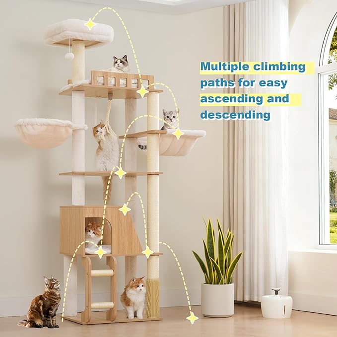 Hey-brother Wooden Cat Tree, 69.7 inch Cats Furniture Tower with Large Platforms, Hammocks, Spacious Condo, Full Sisal Scratching Posts, Ladder, Brush, Water Proof Surface, White Oak MPJ121BT