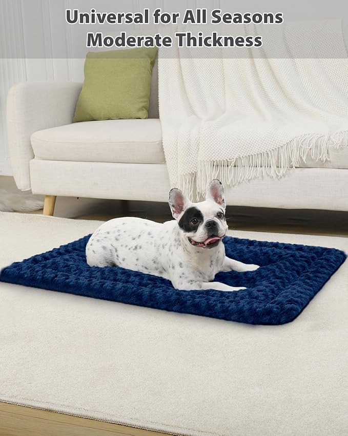 Washable Dog Bed Mat Crate Pad Soft Fluffy Pet Kennel Beds Dog Sleeping Mattress for Large Jumbo Medium Small Dogs, 30 x 19 Inch, Blue