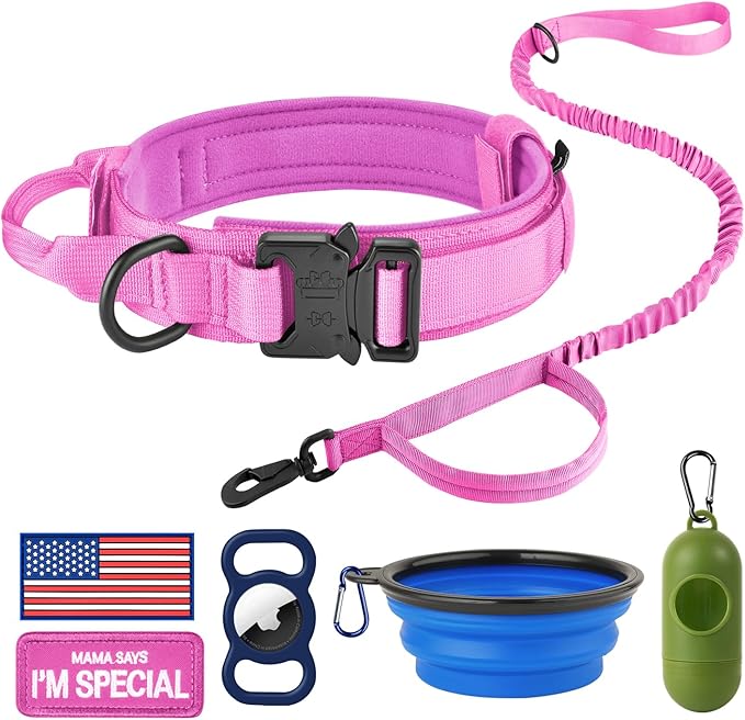 HYDEME Tactical Dog Collar Adjustable Nylon Collar with Control Handle and Heavy Metal Buckle for Medium and Large Dogs, with Patches&Airtags Case&Poop Bag Dispenser&Portable Bowl.(M, Pink-Set)