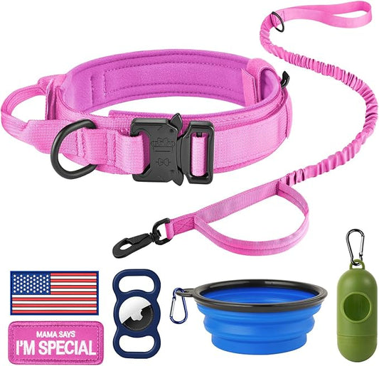 HYDEME Tactical Dog Collar Adjustable Nylon Collar with Control Handle and Heavy Metal Buckle for Medium and Large Dogs, with Patches&Airtags Case&Poop Bag Dispenser&Portable Bowl.(M, Pink-Set)