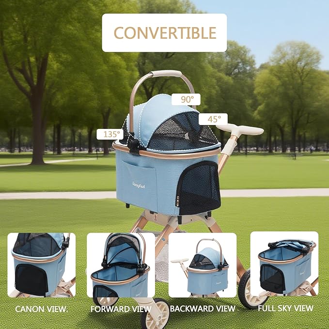 SUNNYFEEL Pet Stroller for Small Dogs and Cats, Aluminum Two-in-one Split, One-Click Foldable Dog Stroller with Detachable Carrier, Holds up to 40 lbs, Side Bag, Breathable Mesh, Blue