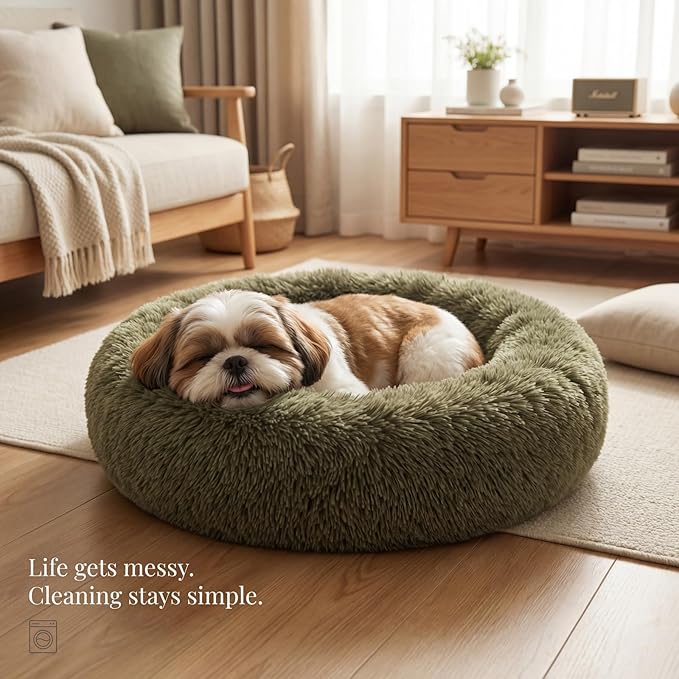 Calming Donut Dogs Beds for Small Dogs Washable,23inch Plush Round Pet Bed for Cozy Sleep,Fluffy Faux Fur Large Cat Bed,Fits up to 25 lbs Pets,Army Green