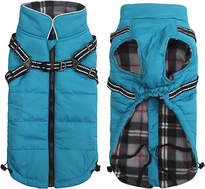 Geyecete Winter Warm Coat Waterproof Dog Jacket with Harness Traction Belt, Pet Outdoor Jacket for Small Dogs - Blue - XS