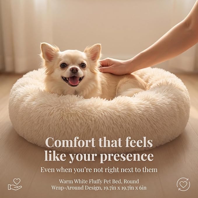 Calming Donut Dogs Beds for Small Dogs Washable,19inch Fluffy Round Puppy Bed for Puppies,Cats & Toy Breeds with Raised Rim,Fits up to 15 lbs Pets,Beige