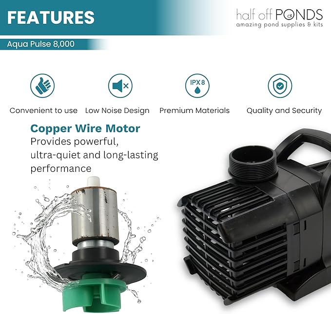 HALF OFF PONDS Submersible Water Pump, 8,000 GPH Pond Pump with 33FT Power Cord and 24FT Max Head, 540W Ultra Quiet Energy Efficient Pump for Koi Pond, Fountain, Waterfall, Water Garden, Skimmer
