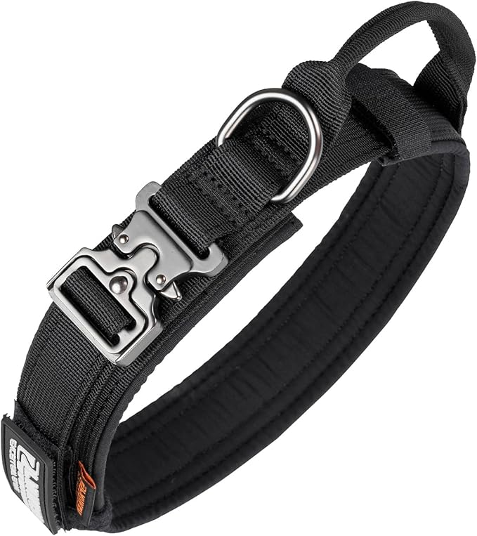 EXCELLENT ELITE SPANKER Tactical Dog Collar Nylon Adjustable Training Collar Military Dog Collar Heavy Duty Metal Buckle with Control Handle for Medium and Large Dogs with Patches(Black-XL).