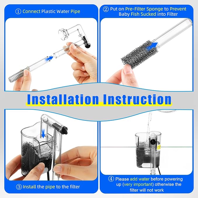 AQUANEAT Aquarium Hang on HOB Power Filter 3 Gallon Rimless Small Fish Tank Filter 65GPH (Up to 3Gal)