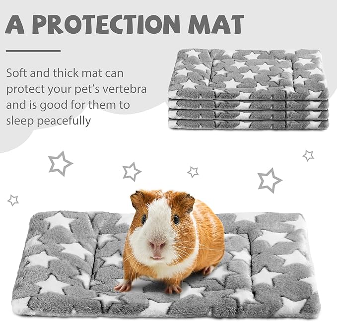 Haull 4 Pcs Waterproof Guinea Pig Bedding Guinea Pig Bed Plush Cage Liners Soft Rabbit Dog Crate Pad Cat Mat Reversible Cozy Animal Pee Pad Hamster Bunny Mat Accessory(Gray Star,13 x 10 Inch)
