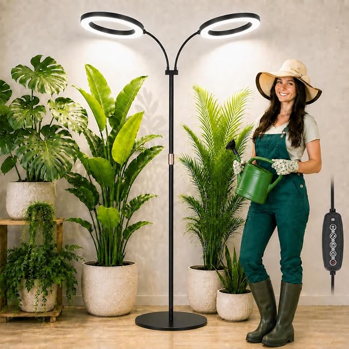 LBW 10.2in Grow Lights for Indoor Plants, Plant Grow Light with Stand | 2-Head, 6/8/12/16H Auto ON/Off Timer, 5 Dimmable Levels, Adjustable Height, 3 Lighting Modes, Black, for Extra Large Plants
