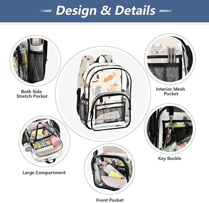 Bolaz Clear Backpack for School Cats in Different Poses Pattern Transparent Bookbag for Girls See Through PVC Boy Backpacks