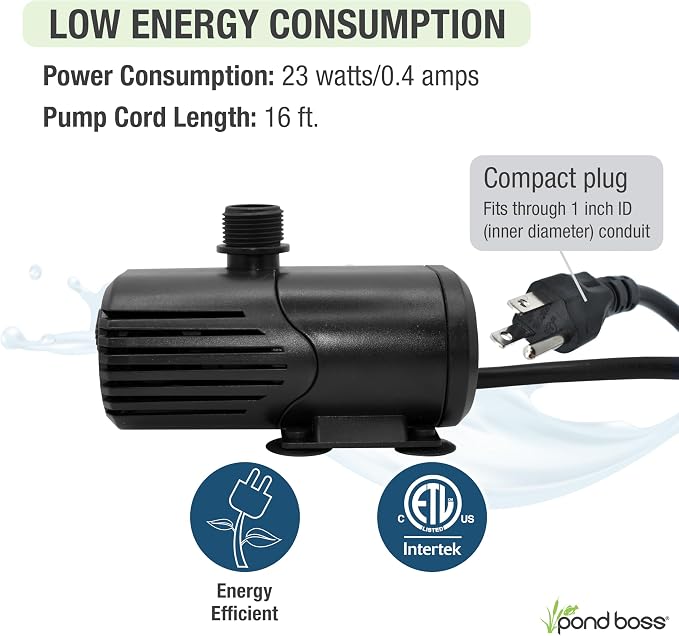 pond boss 300 GPH Submersible and In-Line Water Pump for Hydroponics, Aquaponics, Fountains, and Freshwater Aquariums – Adjustable Flow, Quiet Operation, Includes Tubing Adapters