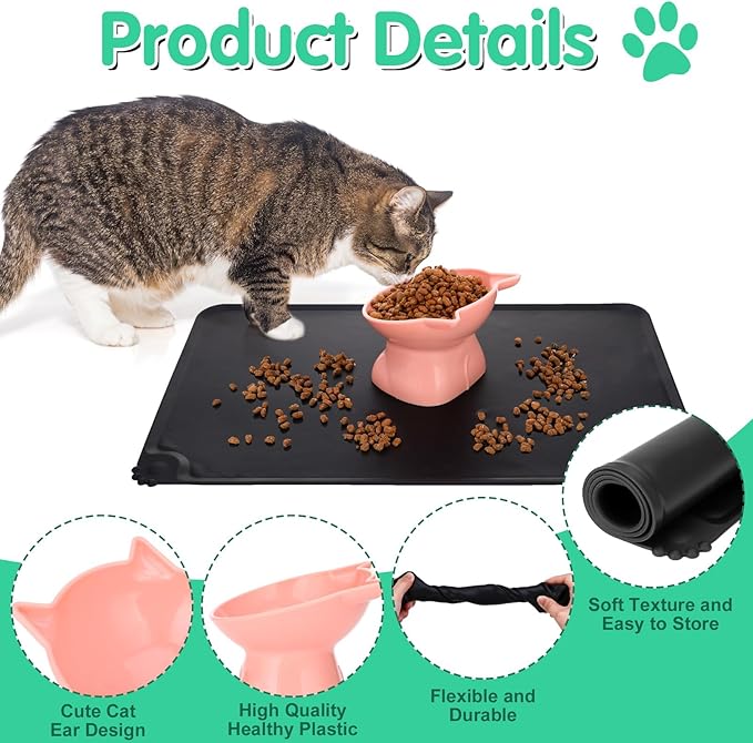 3 Pcs Elevated Cat Bowls 15° Raised Cat Food Bowl with Silicone Pet Food Mat Anti Vomiting Cats Dishes Pet Food and Water Bowls for Indoor Cats and Small Dogs(3 Colors)
