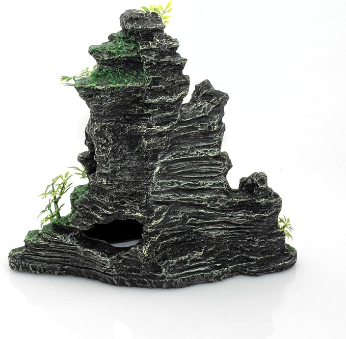 Aquarium Mountain View Stone Ornament, Large Resin Hideout Cave for Betta & Shrimp, Fish Tank Decor Rock Cave with Fish Cave and Hideouts (11.02" x 6.69" x 9.84")