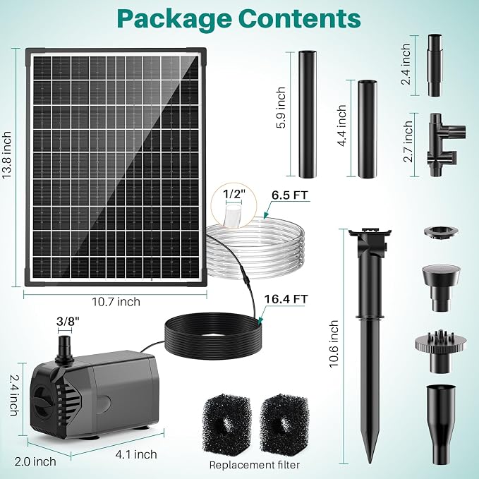 Biling 20W Solar Fountain Pump 320 GPH Adjustable Flow for Outdoor Pond | Solar Pond Pump with Dry-run Protection, 4 Spray Patterns, 6.6 Ft Tubing for Outdoor Water Garden Small Pond