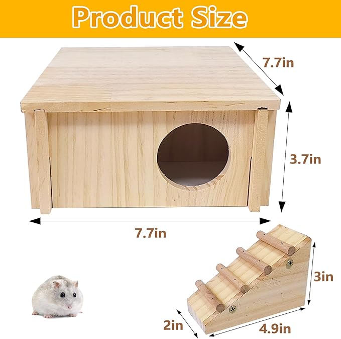Hamster Wooden House with Ladder Hamster Wood Hideout Activity Platform Exercise Climbing Hut Natural Living Wood Room for Syrian Hamster Gerbil Mice Rat