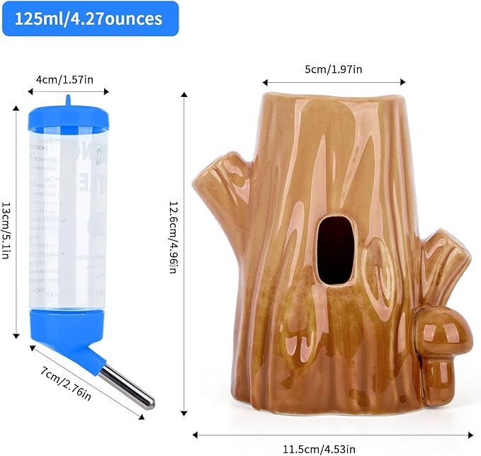 Stump-Shaped Ceramic Hamster Water Bottle - Leak Proof Small Animal Waterer with Bracket, 4.27oz(125ML) for Syrian Dwarf Hamster, Mice, Chinchillas (Brown+Blue, Middle Size)