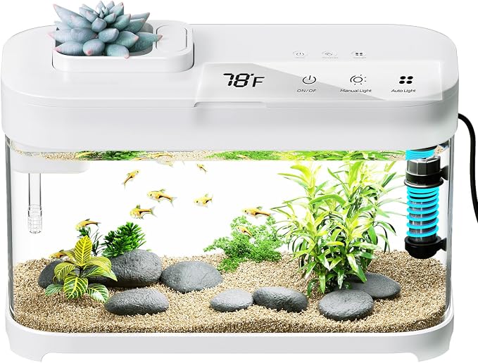 3 Gallon Fish Tank Starter Kit with Heater Hidden Filtration Light Acrylic | Temperature Monitor, 8 Color Lighting, Self-cleaning, Round Corner, Rimless, for Betta Shrimp Guppy, White, Detachable Lid