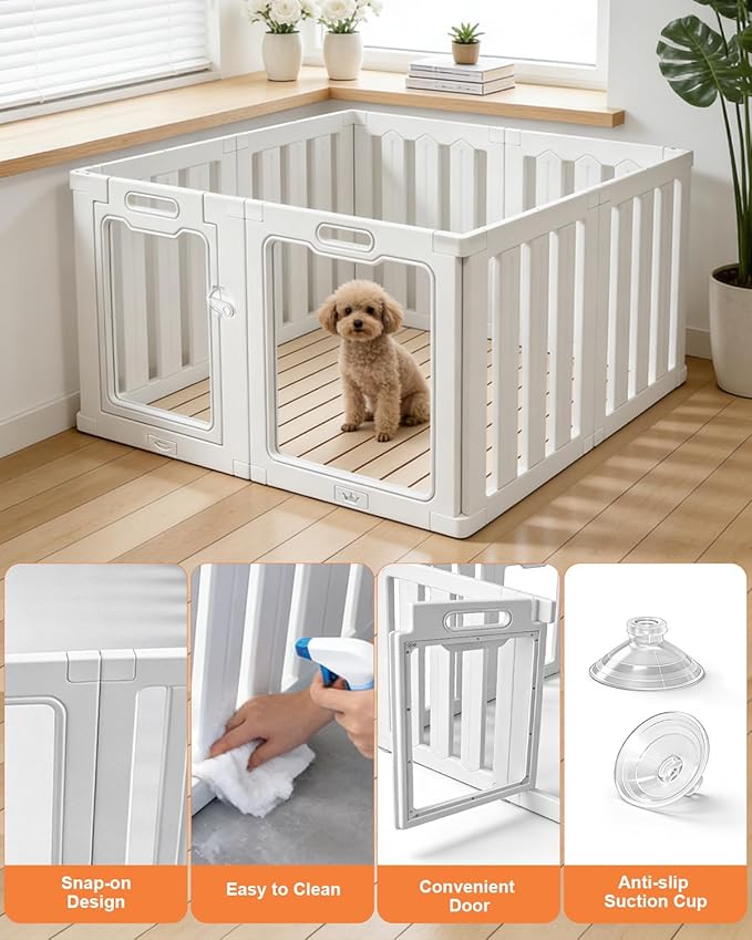 Acrylic Indoor Dog Playpen with Heavy Duty Door Lock,24" H 8 Panels DIY Puppy Playpen Pet Play Pen for Small Animal, Easy Assemble and Clean Plastic Pet Fence,White