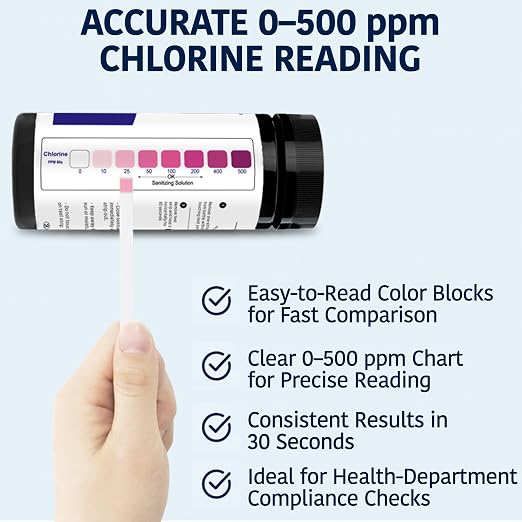 200 Chlorine Test Strips for Food Service 0-500 ppm (Value Pack) - Bleach Sanitizer Test Strips Food Service - Sanitizer Testing Strip - Chlorine Tester - Restaurant Supplies