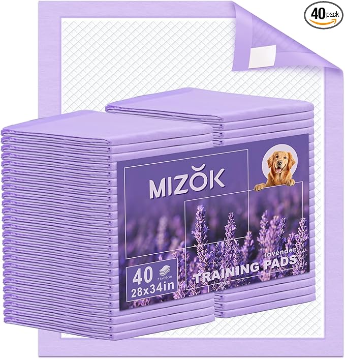 MIZOK Puppy Pads 28x34in Lavender Scented, Dog Pee Pads Extra Large Odor Eliminating Ultra Absorbent Up to 8 Cups, 6 Layers Leak-Proof & Quick-Dry Purple (40 Counts)