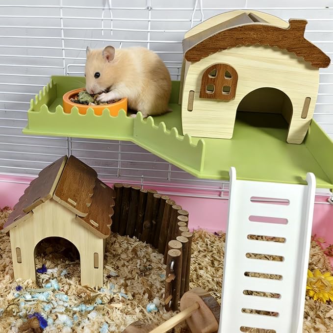 2PCS Hamster Hideout Hamster Wood House Maze Platform Detachable Cage Accessories for Dwarf Hamster Rat Gerbil Sugar Glider