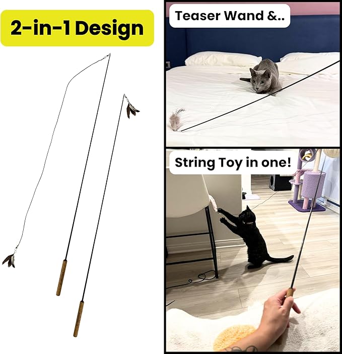 Forever Stick 2-Pack - The Unbreakable Cat Wand Toy, Durable Cat Toy Wand, Extra Long Cat String Toy, Cat Fishing Pole Toy for Bored Indoor Adult Cats, Cat Stick Toy, Cat Feather Wand, Cat Teaser Wand