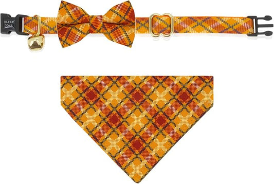 Ultra Joys Breakaway Cat Collar - Boy & Girl Kitten Collar with Bells - Large Orange Plaid Bandana and Bowtie