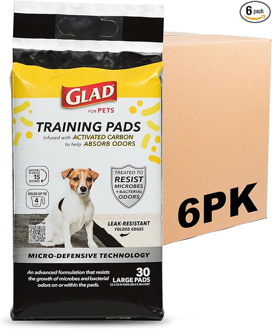 Glad for Pets Activated Carbon Dog Training Pads with Anti-Microbial Technology, Odor Eliminator Pee Mats for Dogs, 6-Layer Leak-Proof Heavy Duty Indoor Puppy Potty Pads, 23 x 23 Inches, 30 Ct - 6 Pk