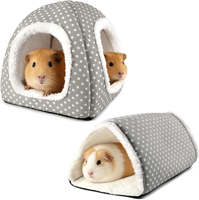 Guinea Pig Hideout and Play Tunnel Set, Washable Fleece Bed for Dwarf Rabbits, Bunnies, Chinchillas, Small Animal Toys - Grey Dot