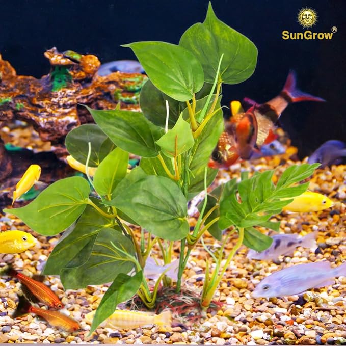 SunGrow Plastic Leaf Plant, Heavy-Duty Ceramic Base, Hiding Spot for Fish, Betta, Angelfish, Gold Fish, Frog, Python, Reptiles, Amphibians (10 Inches, 1 Count)