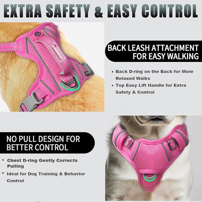 BARKBAY No Pull Dog Harness Large Reflective Dog Harness with Front Clip and Easy Control Handle for Walking Training Running with ID tag Pocket(Pink,S)