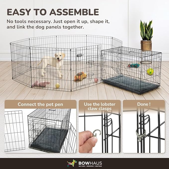 BOWHAUS Foldable Outdoor/Indoor Pet Playpen with Gate, Available in 30 Inch Height Metal Portable Kennel, Heavy-Duty Exercise Fence Cage 8 Panels for Medium Dog, Animals