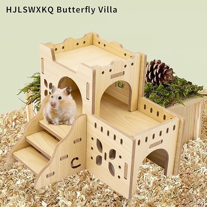 Natural Wood Hamster Habitat Hideout Cage Accessories, Maze Cabin with Fun Slide & Double-Decker House, Exercise Toys for Dwarf Hamsters, Gerbils, Mice, Other Small Animals(Only for Small Hamster A)
