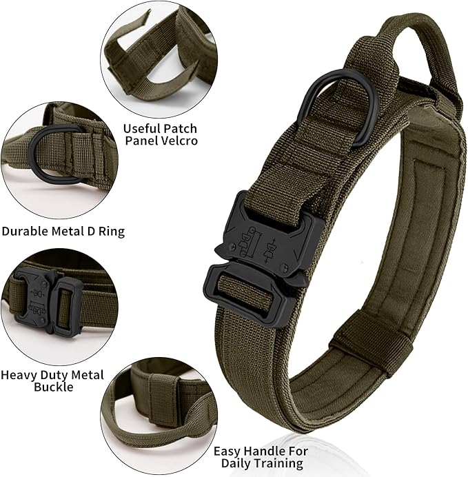 Tactical Dog Collar - Military Dog Collar, Adjustable Heavy Duty Metal Buckle Nylon Collar with Control Handle for Small Medium Large Dogs (Green, M)
