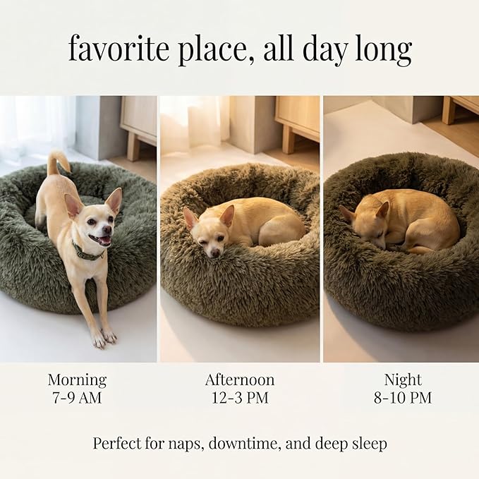 Calming Donut Dogs Beds for Small Dogs Washable,19inch Fluffy Round Puppy Bed for Puppies,Cats & Toy Breeds with Raised Rim,Fits up to 15 lbs Pets,Army Green