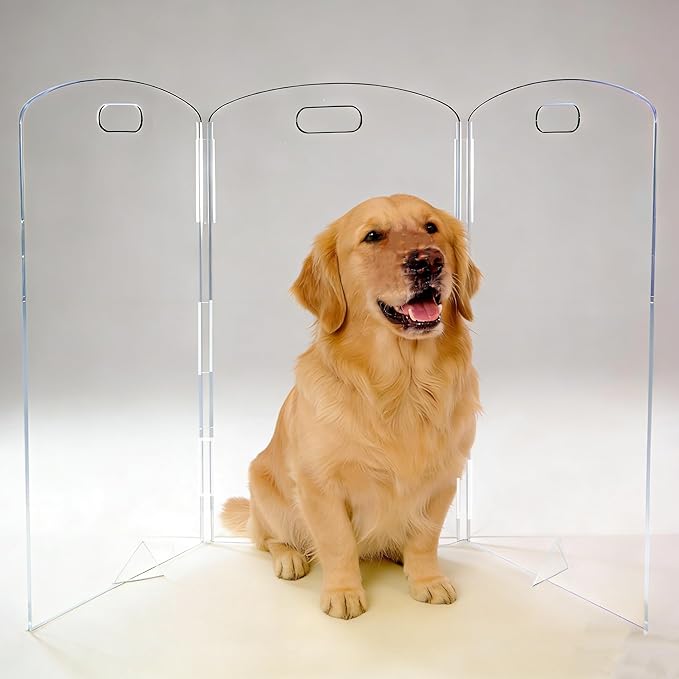 Clear Freestanding Dog Gate - 3 Panel Foldable Pet Gate for Doorways No Drilling Needed, Transparent Puppy Fence with Support Feet, Indoor Dog Barrier for Home Safety (60" W x 32" H)