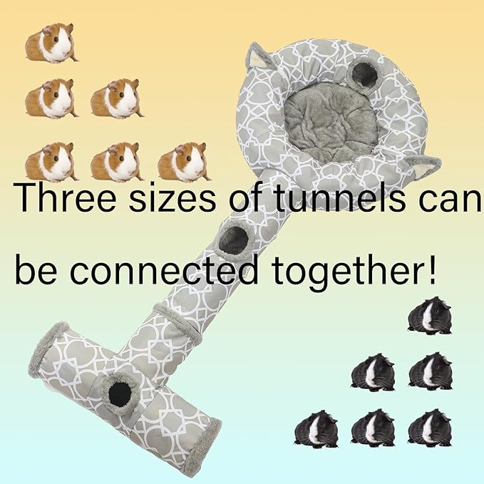 LUCKITTY Plush Inside 3-Way Shape Small Animals Tube Tunnel with Interactive Ball for Guinea Pig, Hamster, Chinchilla, Hedgehog Hiding and Resting, Geometric Grey