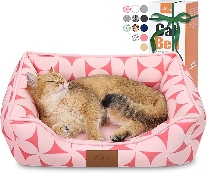 Zerbuger Rectangle Cat Dog Bed for Large Medium Small Pets Indoor Outdoor Machine Washable Sleeping Sofa Non-Slip Bottom Soft Puppy Bed Durable Orthopedic Calming Pet Cuddler (Small, Pink Pattern)