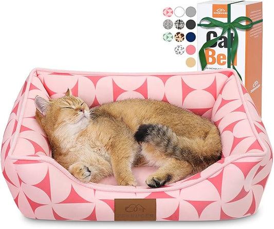 Zerbuger Rectangle Cat Dog Bed for Large Medium Small Pets Indoor Outdoor Machine Washable Sleeping Sofa Non-Slip Bottom Soft Puppy Bed Durable Orthopedic Calming Pet Cuddler (Small, Pink Pattern)