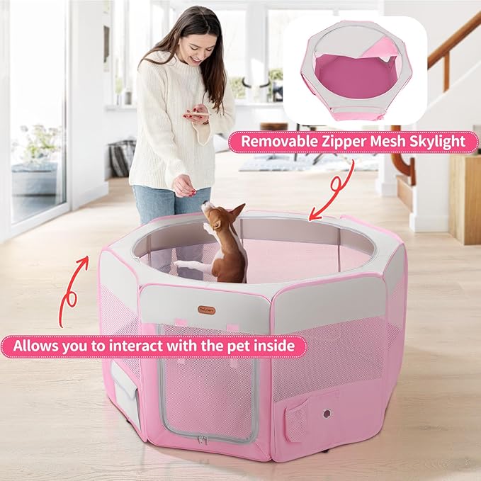 Seiyierr Dog Playpen, Portable Pet Playpen, Puppy Playpen, Cat Playpen with Carrying Case, Dog Playpen for Small Dogs Indoor/Outdoor, Removable Mesh Shade Cover, Pink XL
