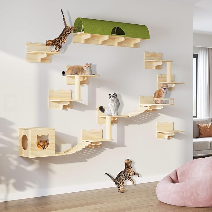 16-in-1 Cat Wall Shelves, Multi-Level Solid Wood Cat Furniture for Wall, Floating Cats Wall Shelves Set, Cat Climbing Wall Systems with Scratching Post & Tunnel, Floor Space-Saving, Burlywood