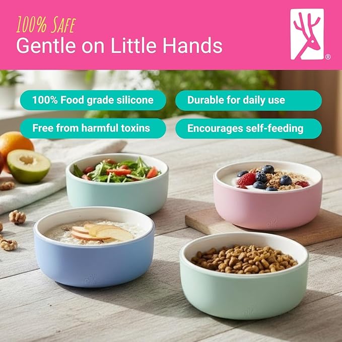 Elk and Friends Kids Porcelain Bowls with Silicone Sleeves | Suitable for Babies/Toddlers | Microwave & Dishwasher Safe | Non Slip Dinnerware | Snack Dishes | 2 Pack