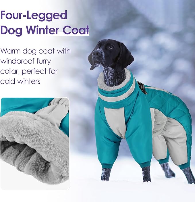 Full Body Dog Coat - Warm Fleece Jacket for Large Dogs, Turtleneck Winter Coats with Harness, Reflective Windproof Dog Snowsuit with Legs for Labrador,Golden Retriever, Turquoise 2XL