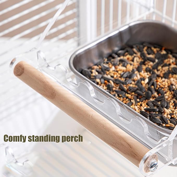 No Mess Bird Cage Feeder with Perch, No Spill Design Hanging Bird Feeders for Small Medium Birds, Easy to Clean Metal Seed Container with Secure Hooks for Indoor Cages Feeding, Two Small Bowls