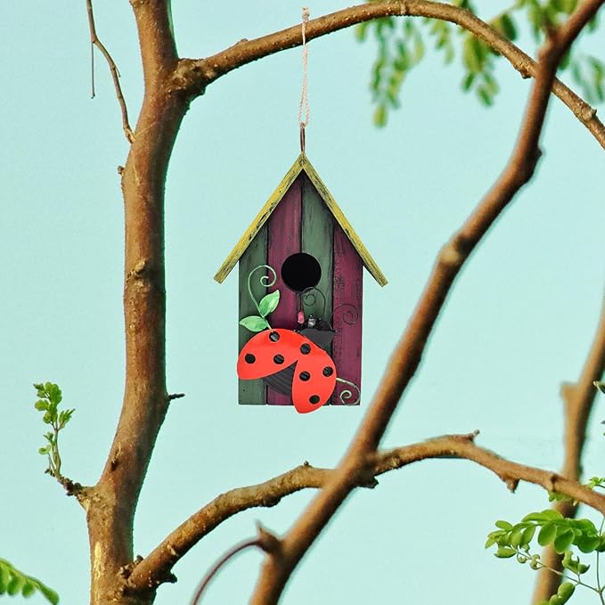 Wood Bird Houses for Outside, Hanging Bluebird House Nest Box Garden Patio Outdoor Decorative Bird Houses Vintage Rustic Wooden Birdhouse Bird Box Home for Finch Wren Chickadee Cardinals (Ladybug)