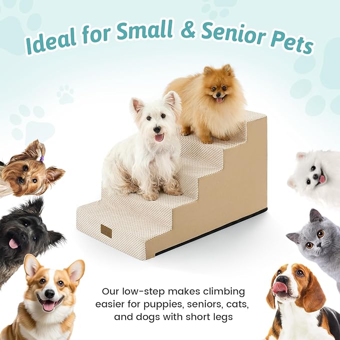 COZY KISS Dog Stairs for Small Dogs 17.7" H, 5-Step Gentle Incline Pet Step for Couch and Beds, Right-Angle Dog Ramp for Puppy Doggie Senior Cats, 17.7x29.5x17.7 Inch, Beige