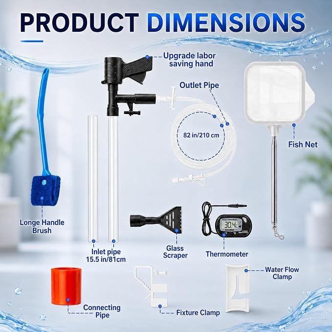 Fish Tank Cleaner Kit with Digital Thermometer, Gravel Vacuum for Aquarium, Aquarium Vacuum & Siphon, Fish Tank Cleaning Kit, Safe for Shrimp & Small Fish