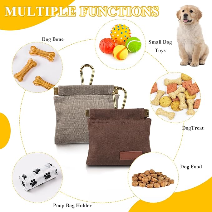 2Pcs Dog Treat Pouches for Pet Training, Hand Free Puppy Dogs Treat Bag with Carabiner, Portable Auto Closing Pet Dog Walking Bag for Travel or Outdoor Use, Pets Feed Snack Reward Pocket- Brown, Grey